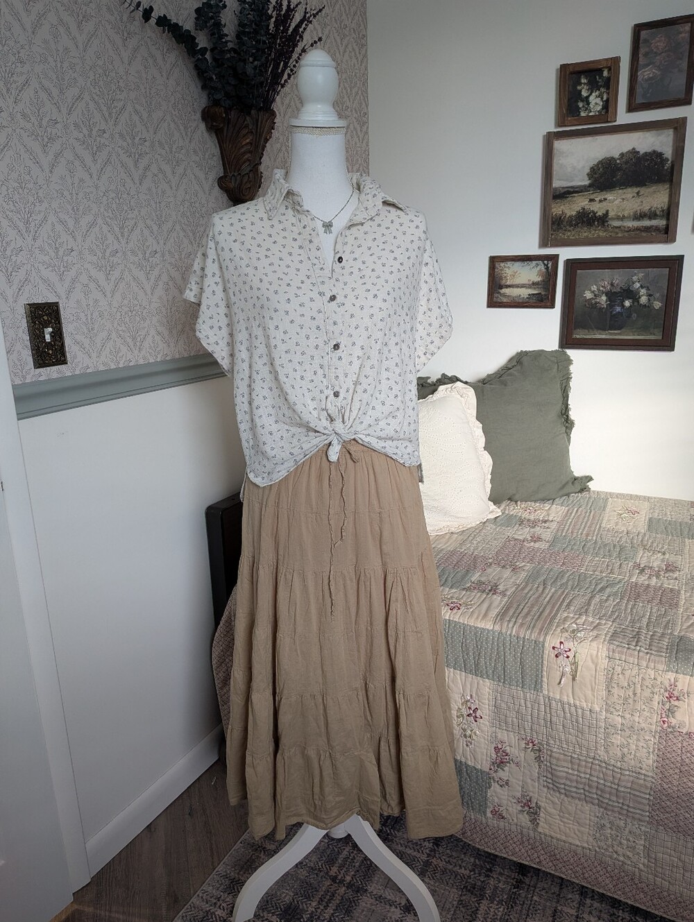 Jane Ashley Tiered Midi Skirt Tan Cotton Boho Cottagecore M - Picture 5 of 8